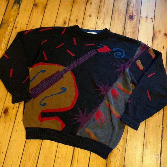 Memphis Style Cello Violin Graphic Sweater 1980s Size Medium - Picture 2 of 4